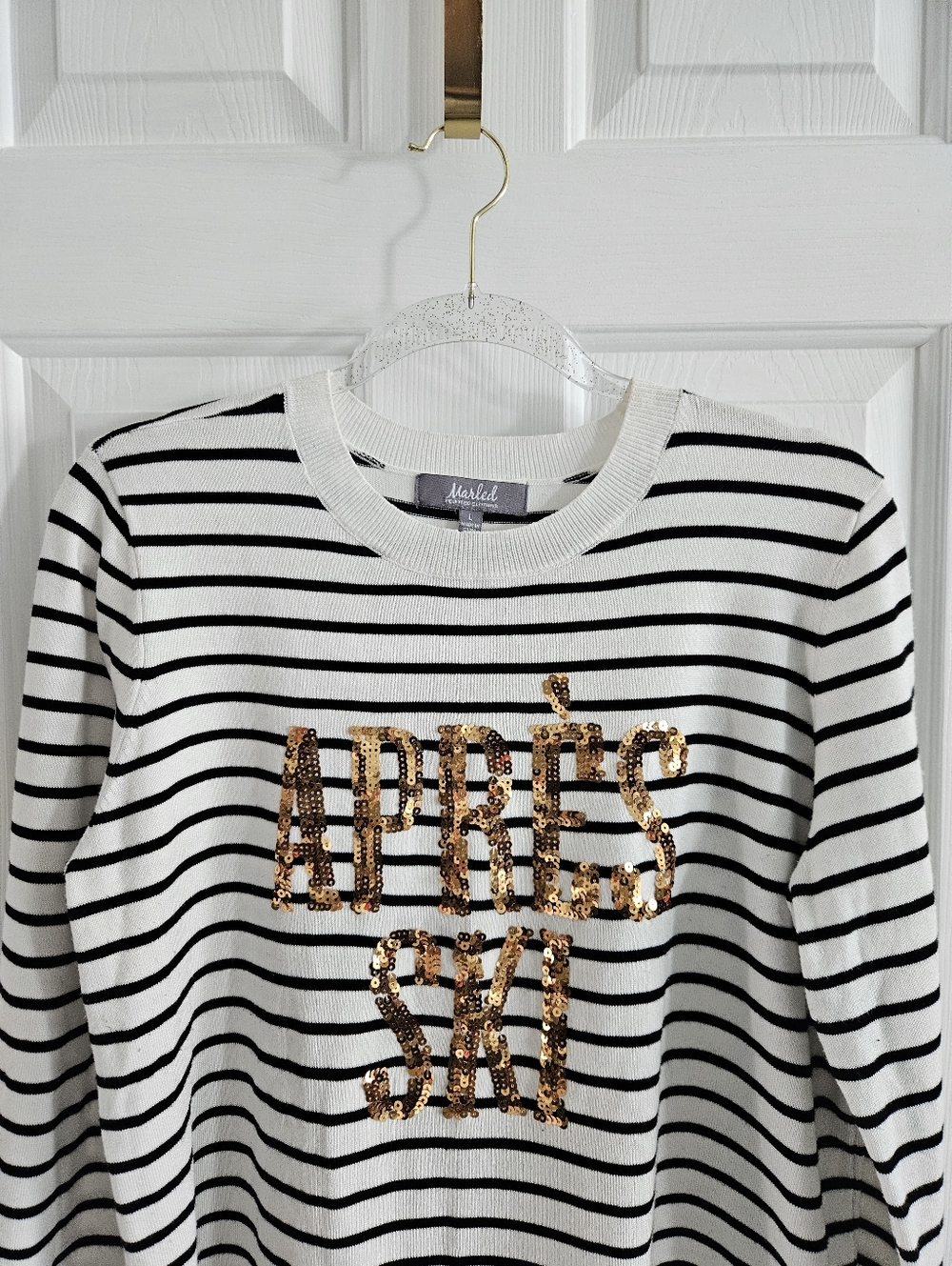 NWOT Marled Striped Sweater With Sequin 'Apres Ski' Graphic - Picture 7 of 9